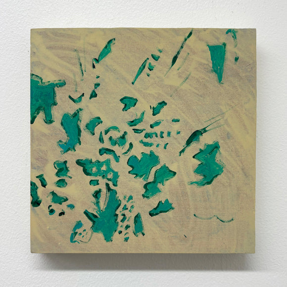 Bouquet Glimpse is a painting on a piece of square board primed in sandy yellow. Abstract, the scattered shapes of green denote greenery that has been broken down beyond recognition. 