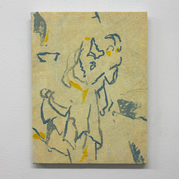 Can't See The Wood For The Trees is a painting on canvas. The background is a light sand colour whilst the abstracted marks that move across the canvas are rendered in a dark clay grey and yellow. 