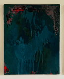 Abstract painting with dark green, black, and red colors on a beige background