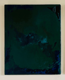 Abstract painting with dark green and blue colors on a white wall
