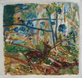 Abstract painting with a mix of green, brown, and blue colors on a white background