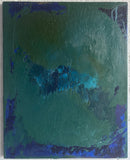 Abstract painting with green and blue hues on a textured surface