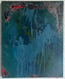Abstract painting with colours of blue, green and a splash of red. 
