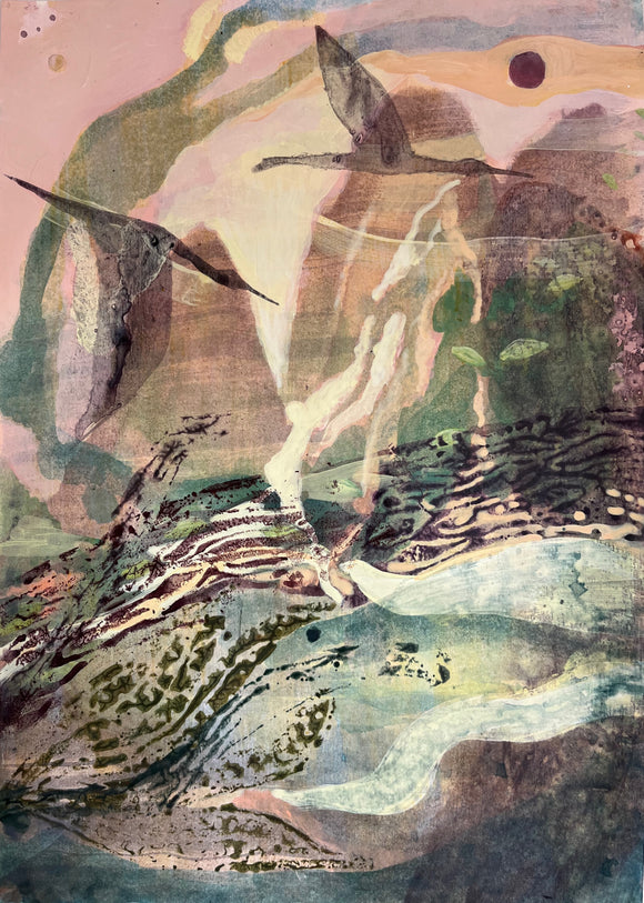 The artwork is a stylised depiction of herons flying over watery shapes and patterns, suggesting a lake or river. Mountains are visible on the horizon and a dark red sun or moon can be seen in the top right corner. Colours include pinks, greens, and natural tones such as umbers. 