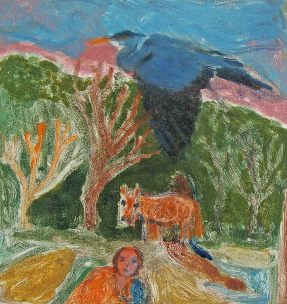 The picture is a loose and gestural picture depiting a heron in flight with a horse in the lower middle ground and a person in the foreground. Colours include blue, pink, green and orange.