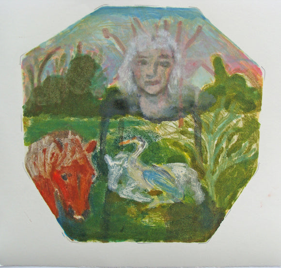 The picture is within a hexagon and features the head of an auburn colourd horse looking outwards, whilst a white horse lies in the distance with a heron stood beside it. On the horizon is a face looking over the animals. 