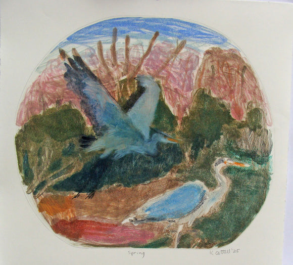 The picture is circular, containing two herons, one in flight and another standing. The background is of forest and a pink and blue sky
