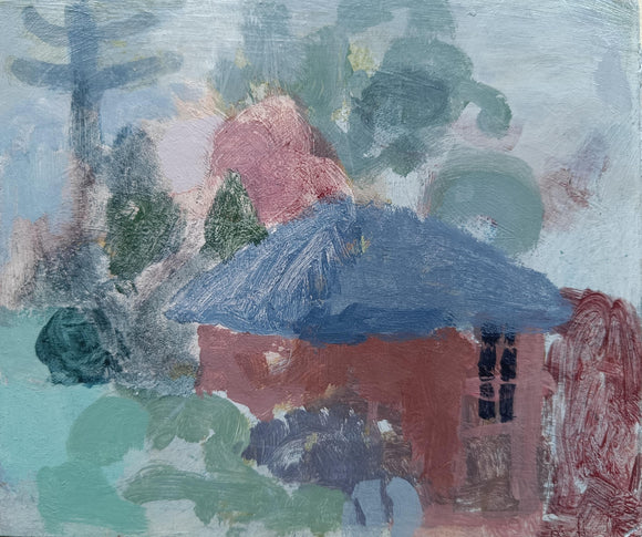 Artwork is a gestural painting with loose brushstrokes of a garden shed surrounded by trees and garden shrubs. 