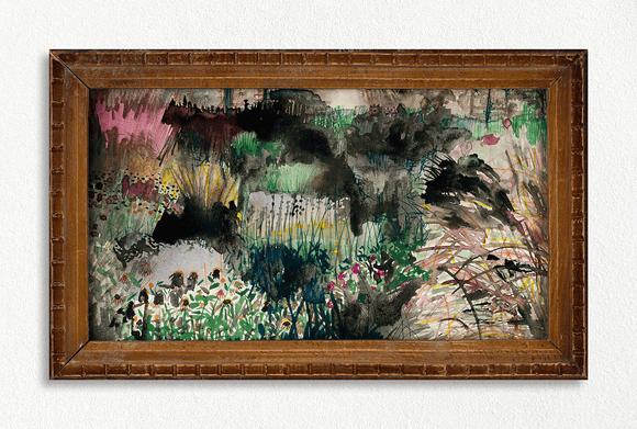 Abstract painting in a wooden frame on a white wall