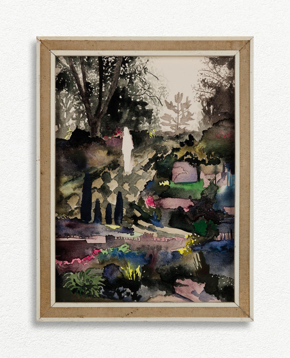 Framed watercolor painting of a landscape with trees and a path, mounted on a white wall.