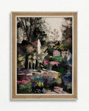 Framed watercolor painting of a landscape with trees and a path, mounted on a white wall.