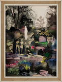 Watercolor painting of a garden scene with trees and a pond, framed in a found frame.