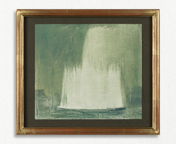Framed abstract artwork with a green and white color scheme on a white wall.