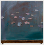 Abstract painting with floating colorful shapes on a textured surface