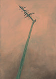 Painterly view of a lone figure cutting or pollarding a very tall pine tree