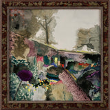 Colorful abstract artwork depicting a floral walled garden. Framed in a wooden, decorative frame.
