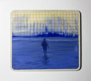 Laura McMorrow 'A Rising Tide' is an oil painting on a dining placemat. It depicts a lone figure walking along a beach at low tide.