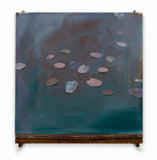 Abstract painting with colorful shapes, suggesting water lilly pads on the water surface. Colours include blue and pink.