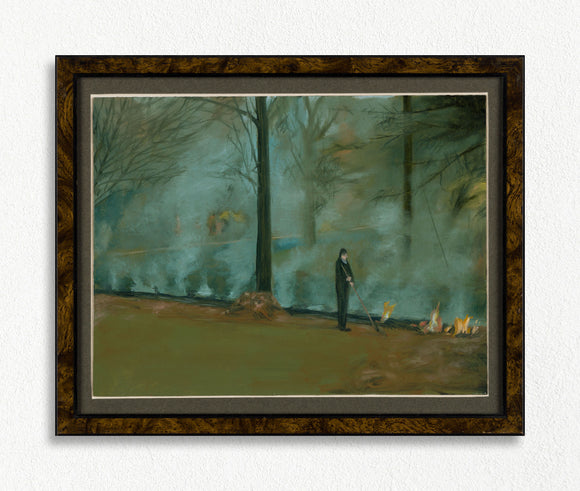 Framed painting of a figure in a forest, raking leaves into a bonfire. It is framed with a dark brown walnut frame. 