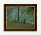 Framed painting of a figure in a forest, raking leaves into a bonfire. It is framed with a dark brown walnut frame. 