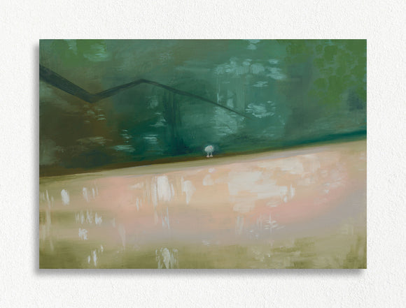 Abstract artwork with green and pink hues on a white background