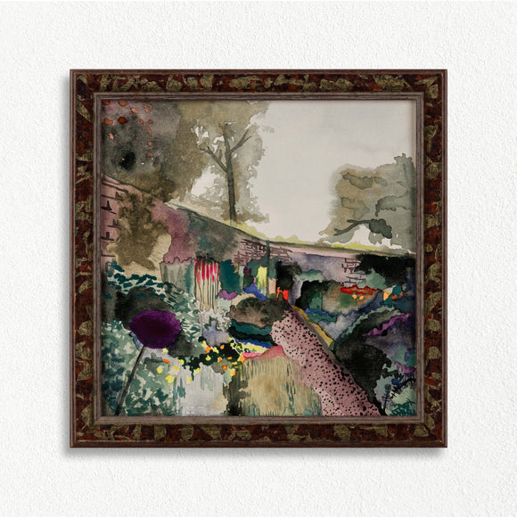 Framed abstract artwork with a floral garden scene on a white background