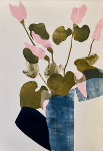 Maureen Nathan's 'Cyclamen (Pink)' is a monoprint on paper, depicting a pot of cyclamens. Colours include pink, green and blue.