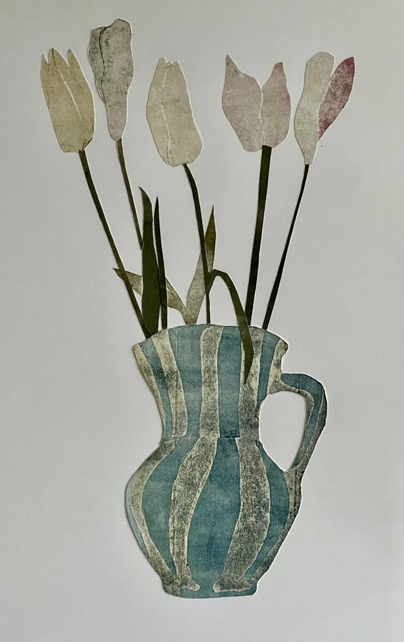 Maureen Nathan's 'Vas Quinque' is a monoprint and collage on paper, depicting tulips in a striped pitcher. Colours include pastel blues, pinks and creams.