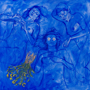 Mafalda Figueiredo's 'Daffodils' is a painting from the artist's blue series. Dreamlike and other-worldly, the painting depicts three female figures lying on the ground with a punch of pulled dandelions. One of the figures has daisies placed over her eyes.  