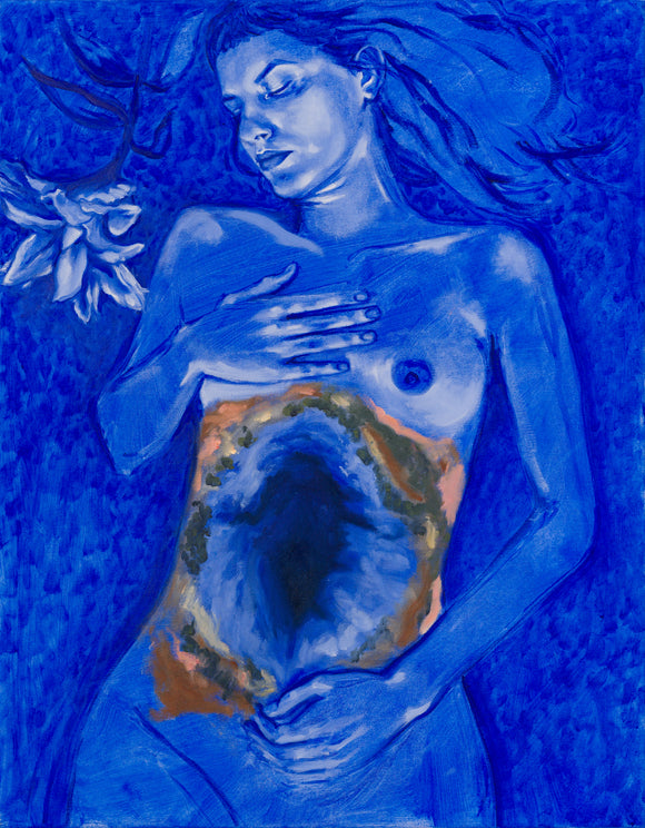 Mafalda Figueiredo's 'Unexpected Depths' is an oil painting that depicts a figure on her back with a gaping cavity in her torso. At the top left of the painting there is a flower resembling a lilly. 