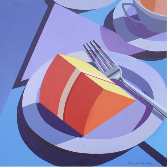 Marcus Bolt's 'Afternoon Tea' is an acrylic painting on stretched canvas. It depicts a slice of cake on a plate accompanied by a fork. In the corner of the canvas, one can see a partial rendering of a cup and saucer containgin tea. A still-life, it is painted in a hard-edge style with bold colours, including purple, blue, orange and yellow.