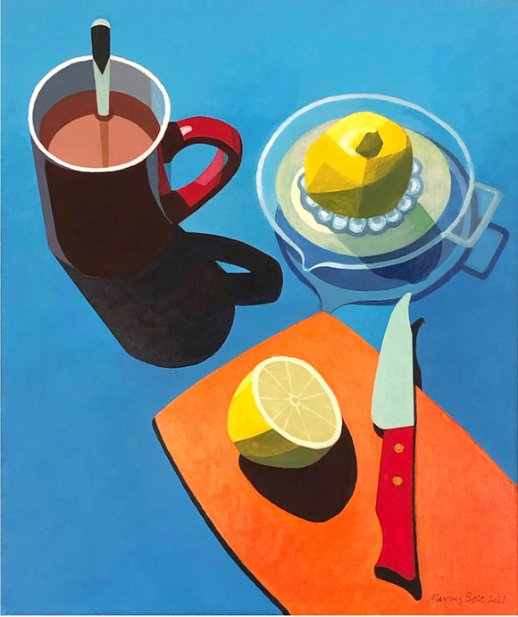 Marcus Bolt's 'Lemon Tea' is an acrylic painting on stretched canvas. It depicts a mug of tea, a lemon cut asunder - one half on the chopping board and the other on a glass lemon squeezer. A still-life, it is painted in a hard-edge style with bold colours, which include red, orange, yellow and blue.