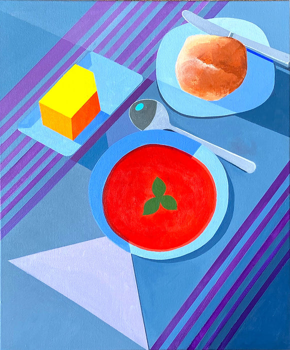 Marcus Bolt's 'Light Lunch' is an acrylic painting on stretched canvas. It depicts a bowl of tomato soup, spoon, side plate with a bread roll and knife together with a butter dish and napkin. A still-life, it is painted in the hard-edge style with bold colours which include blue, purple, red and yellow.