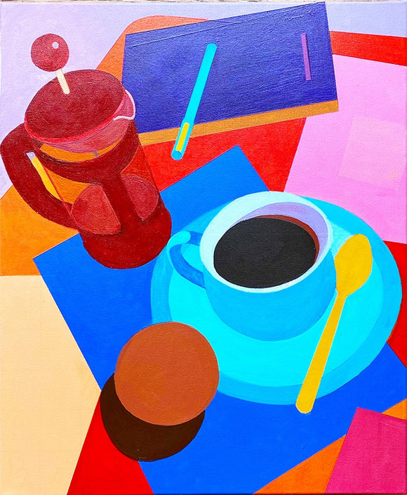 Marcus Bolt's 'Work Break' an acrylic painting on stretched canvas depicting a cafetiere, cup and saucer containing coffee, a notepad and pen and a stress ball. Painted in a hard-edge style and in bold colours which include red, blue, yellow, pink, orange.