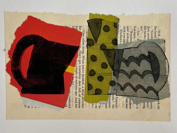 Maureen Nathan's 'Argument' is a monoprint with chine collé on paper. Stylised, the artwork depicts three vessels of various shapes and designs. It adorns a page from a book and features the colours red, olive green and yellow.