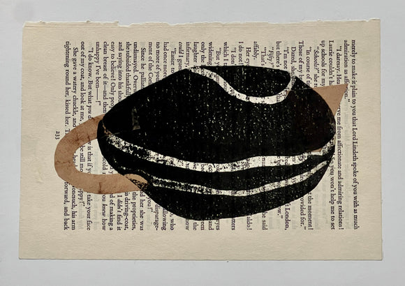 Maurren Nathan's 'Cold Tea' is a monoprint and chine collé on paper. Stylised, the artwork depicts a tea pot adorning a page from a book.