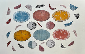 Maureen Nathan's 'Empty Plates' is a monoprint and collage on paper. Stylised, the artwork depicts several plates surrounded by various pieces of broken pottery, all of which are embellished with decorative designs. Colour palette is of natural tones including siennas, ochres, umbers and indigo.