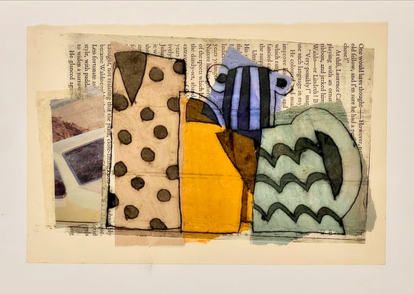 Maureen Nathan's 'Georgette's Jugs' is a monoprint with chine collé on paper. The artwork is a stylised depiction of an assortment of vessels, adorning a page from a book and featuring an old coloured photograph. 