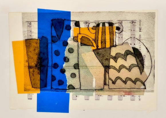 Maureen Nathan's 'Hymn Sheet' is a monoprint with chine collé printed onto a hymn sheet. Stylised, the artwork depicts an assortment of jugs and vases of various shapes and designs. Colours include blue and yellow.