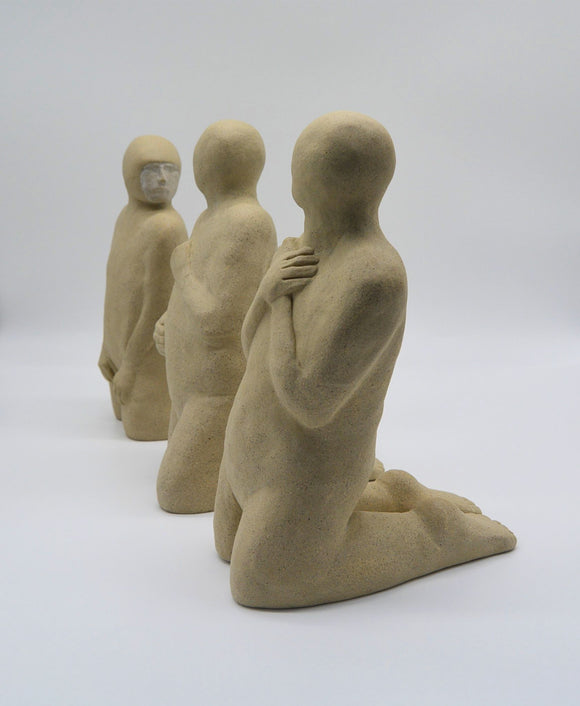 Sally Fitchard's 'Multiple Kneels (Telling)'. A triptych of ceramic kneeling figures. PROFILE I