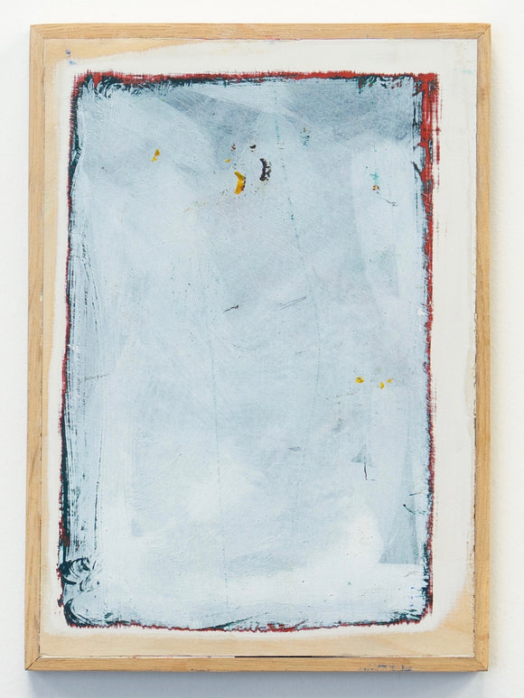 Abstract painting with blue and white tones in a wooden frame