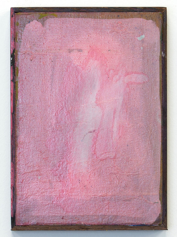Abstract artwork with pink and white hues on a textured surface, framed in brown.