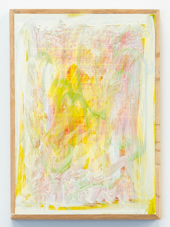 Abstract painting with pastel colors in a wooden frame on a white wall