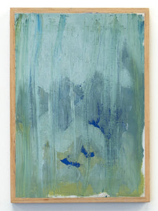 Abstract painting with blue and green strokes in a wooden frame.
