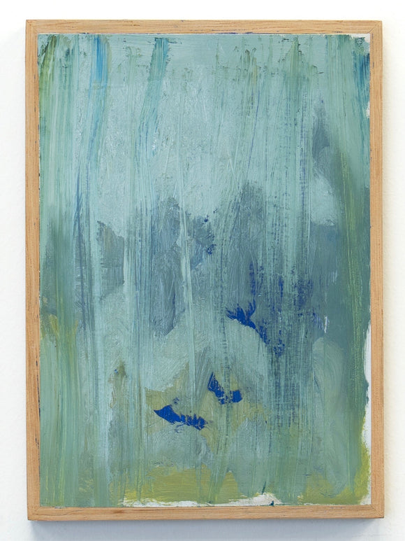 Abstract painting with blue and green strokes in a wooden frame.