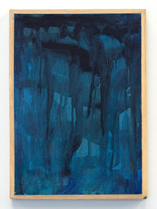 Abstract blue painting in a wooden frame on a white background