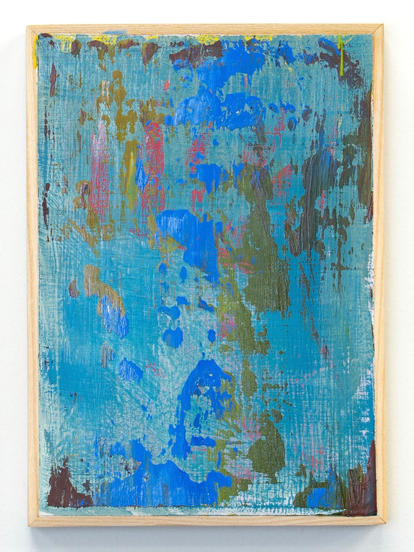 Abstract painting with blue and green, framed in wood.