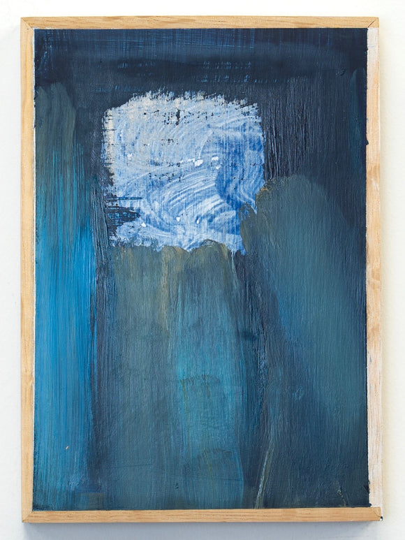 Abstract painting with blue and white gestural brush strokes in a wooden frame.