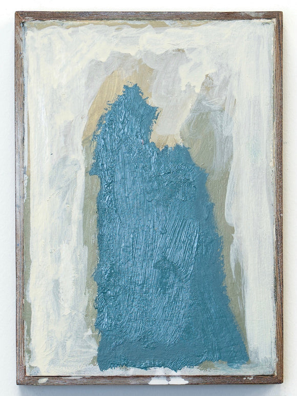 Abstract painting with a large blue patch on a white background