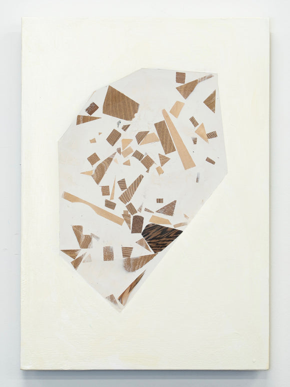 Terrazzo-patterned artwork made from timber scraps on a white background
